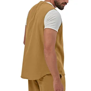 Detailed side back view of a men's mustard yellow linen casual vest for summer style