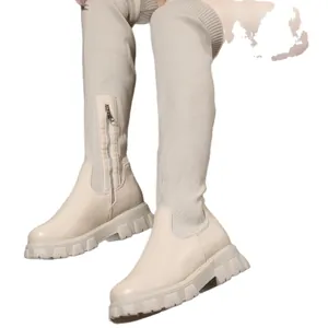 Beige leather and knit patchwork over-the-knee boots with chunky sole for women