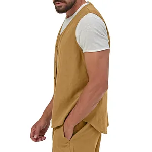 Side view of men's casual mustard linen vest with buttons, ideal for summer outfits.