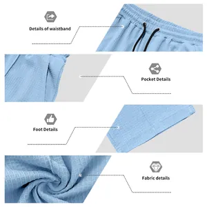 Detailed macro views showing light blue waffle knit fabric texture and waistband.
