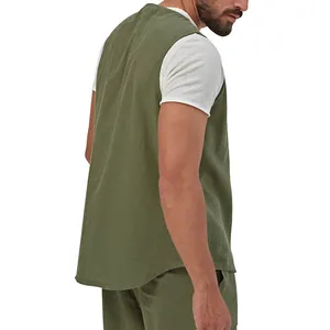Back view detail of breathable olive green linen vest for men's summer casual style