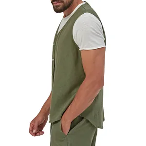 Close-up side view of premium olive green men's linen vest with buttons and pants
