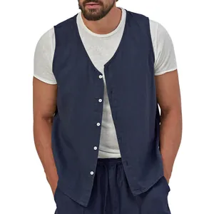 Close-up detail of a men's navy blue linen casual vest with white buttons on model