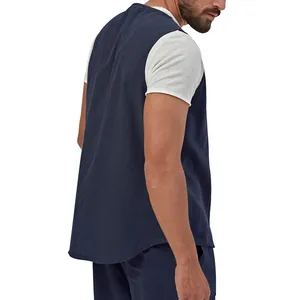 Side back view of a navy blue casual linen vest for men worn over a white t-shirt.