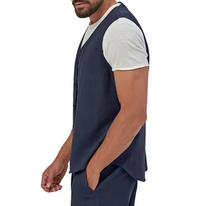 Side view detail of a breathable men's navy blue linen vest with buttons for summer wear.
