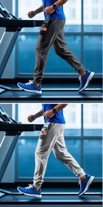 Detail view of men's loose joggers with American flag patch in gray and charcoal colors