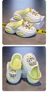 Close-up view showing different angles of girls' cartoon clogs in cream and lime green