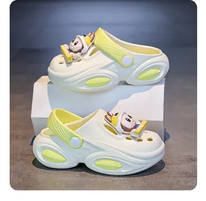 Detailed view of girls' cartoon garden shoes with cute character charms and thick soles