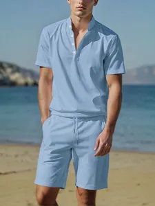 Men's light blue cotton-linen short sleeve Henley shirt and shorts casual beach set