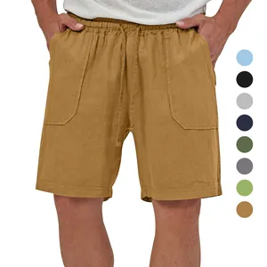 Men Casual Summer Cotton Linen Shorts Drawstring Elastic Waist Loose Sport Shorts Solid Color Multi Pockets Bottoms Men Summer Clothing