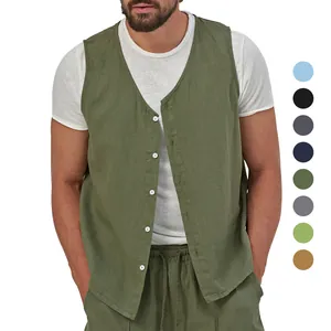 Men's Casual Linen Vest Summer Thin V-Neck Sleeveless Button Down Waistcoat Solid Color Breathable Top For Men Teenagers