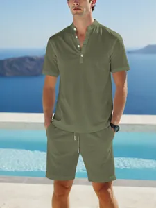 Men's casual olive green linen short sleeve henley shirt and matching shorts two-piece set