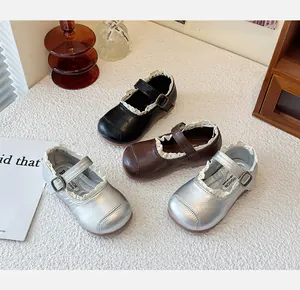 Elegant girls' Mary Jane princess shoes with lace trim in black, brown, and silver colors
