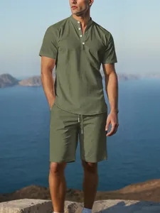 Men's olive green cotton linen Henley shirt and shorts two-piece set for summer