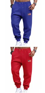 Detail view of men's loose drawstring joggers in blue and red with US flag patch