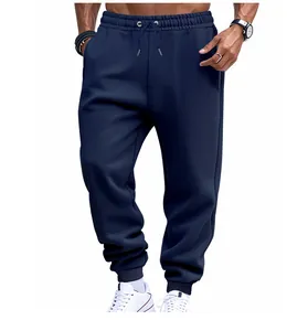 Detailed view of navy blue men's loose drawstring sweatpants with elastic cuffs.