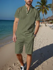 Men Casual Solid Color Polyester Henley Shirt And Shorts Set Summer Short Sleeve Top And Bottom Vacation Beach Outfit