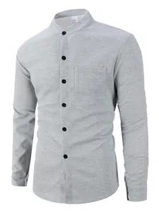 Close-up of grey men's waffle knit long sleeve shirt with stand collar and pocket