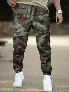 Pantalon de Jogging Cargo Camouflage pour Hommes en Polyester Multi-poches Décontracté Cordon de Serrage Taille Élastique Quotidien