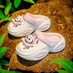 Girls cartoon clogs with cute bunny accessories, pink and white summer beach sandals