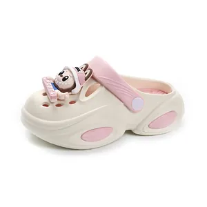 Creamy white girls' cartoon clogs with pink accents and cute rabbit charm for summer