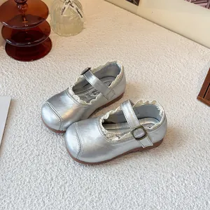 Elegant silver girls' Mary Jane princess shoes with delicate lace trim and flexible soft soles