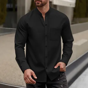 Close-up view of a men's black waffle textured stand collar casual long sleeve shirt