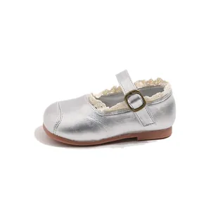 Silver toddler princess shoes featuring delicate lace trim and flexible soft rubber sole