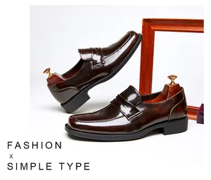 Side view of dark brown polished leather men's loafers featuring a square toe design.