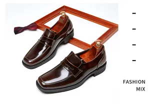 Elegant men's brown shiny leather square-toe loafers for formal and business casual wear