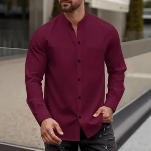 Close-up view of a men's burgundy waffle knit long sleeve shirt with stylish stand collar