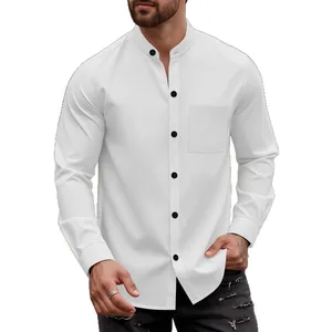 Men's white waffle knit long sleeve shirt with mandarin collar and black buttons