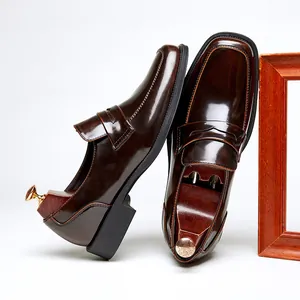 Men's British style glossy leather loafers with square toe for business casual wear