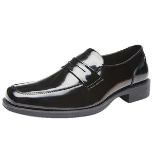 Classic black patent leather men's business loafers with a square toe and slip-on design