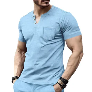 Summer slim fit men's V-neck T-shirt with pocket in light blue cotton blend