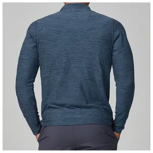 Back view of a men's navy blue melange long-sleeve slim fit athletic dry-fit training shirt