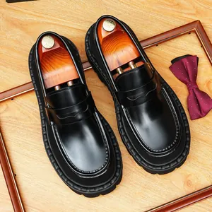 Herren Vintage Britischer Stil Loafer Echtes Rindsleder Dicke Sohle Runde Zehe Business Casual Penny Schuhe Loafer Für Herren