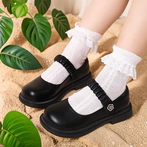 Mädchen Mary Jane Lederschuhe Rindspaltleder Strass Blume Gerüschter Riemen Rutschfeste Weiche Sohle Prinzessin Schulschuhe