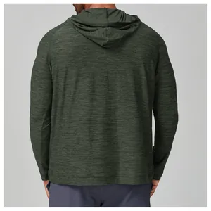 Detailed back view of a men's dark green heathered quick-dry sports hoodie for hiking