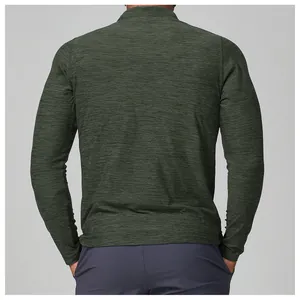 Back view of men's slim fit long sleeve athletic t-shirt in heathered dark green