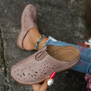 Detailed view of women's hollow-out floral mules featuring a 4.5cm chunky platform heel
