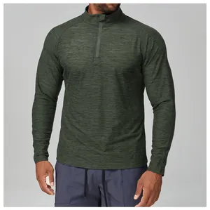 Men's half-zip long-sleeved sports shirt with dark green heathered texture