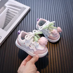 Lindos zapatos de suela blanda para niñas con decoración de tulipán y cordones de cinta