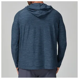 Back view of a men's navy heather hooded long sleeve quick-dry performance shirt