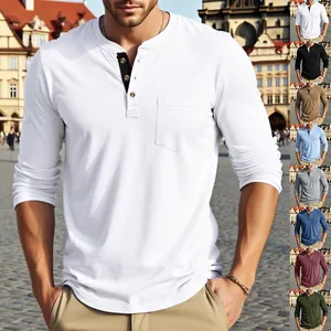 Men's casual long-sleeve Henley t-shirt in various colors with button placket