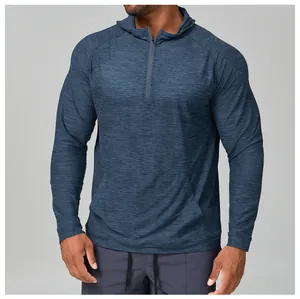 Men's blue heathered quick-dry 1/4 zip hooded running shirt for fitness and outdoor hiking