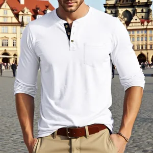 Close-up of white long sleeve Henley shirt for men featuring a chest pocket detail