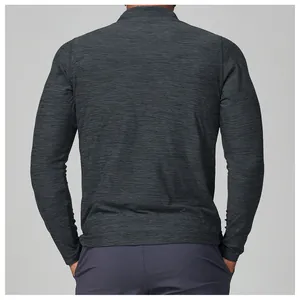 Back view of men's quick-dry long sleeve athletic shirt with heathered texture