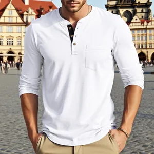 Classic white men's long-sleeved Henley shirt with pocket and contrast placket detail for men