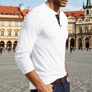 Detailed view of men's white long-sleeve Henley shirt with buttoned collar and pocket